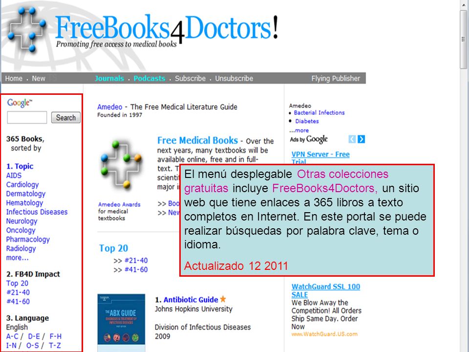 El menú desplegable Otras colecciones gratuitas incluye FreeBooks4Doctors, un sitio web que tiene enlaces a 365 libros a texto completos en Internet. En este portal se puede realizar búsquedas por palabra clave, tema o idioma.