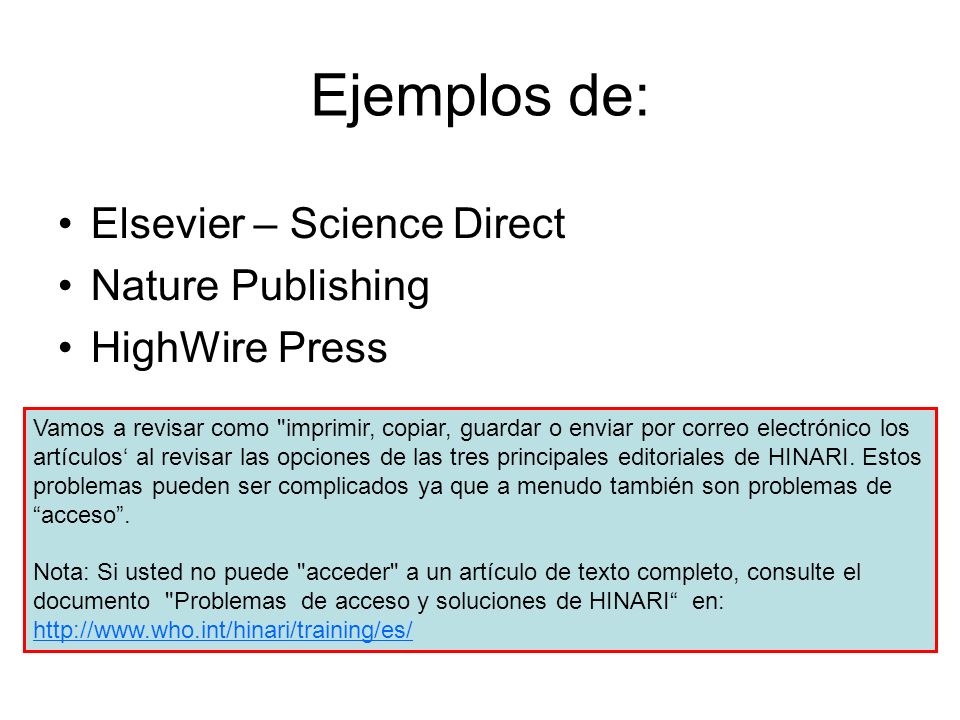 Ejemplos de: Elsevier – Science Direct Nature Publishing