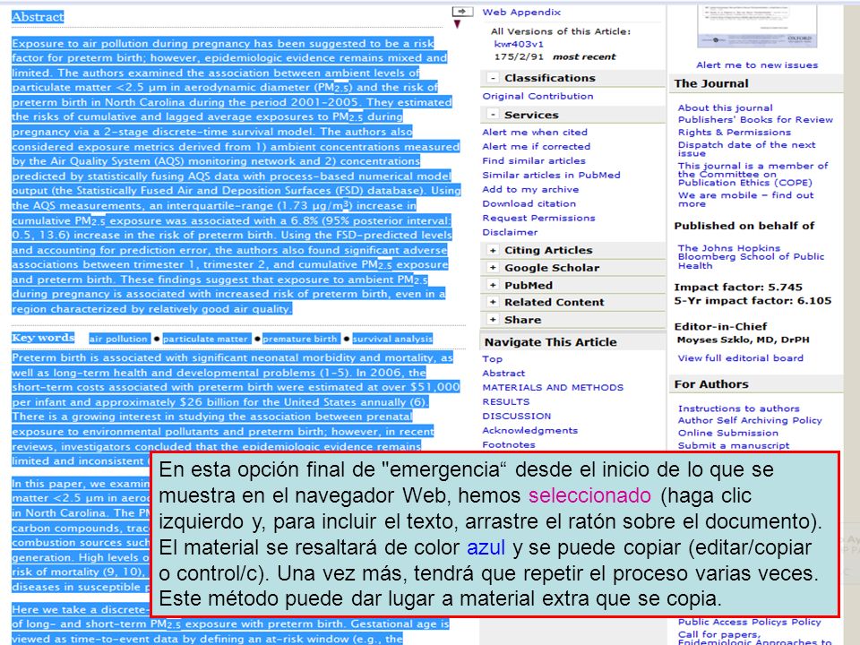 En esta opción final de emergencia desde el inicio de lo que se muestra en el navegador Web, hemos seleccionado (haga clic izquierdo y, para incluir el texto, arrastre el ratón sobre el documento).