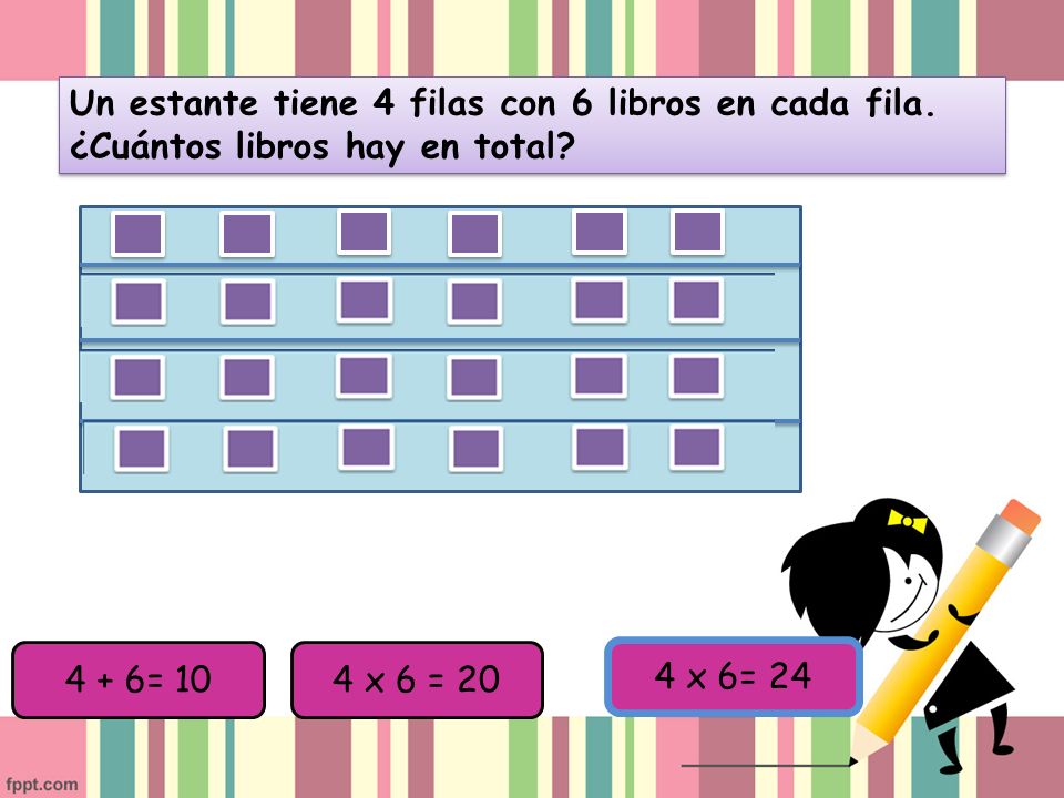 Un estante tiene 4 filas con 6 libros en cada fila