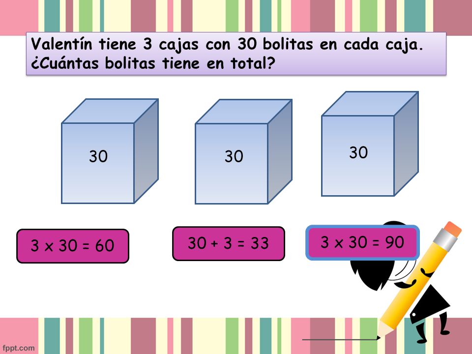 Valentín tiene 3 cajas con 30 bolitas en cada caja