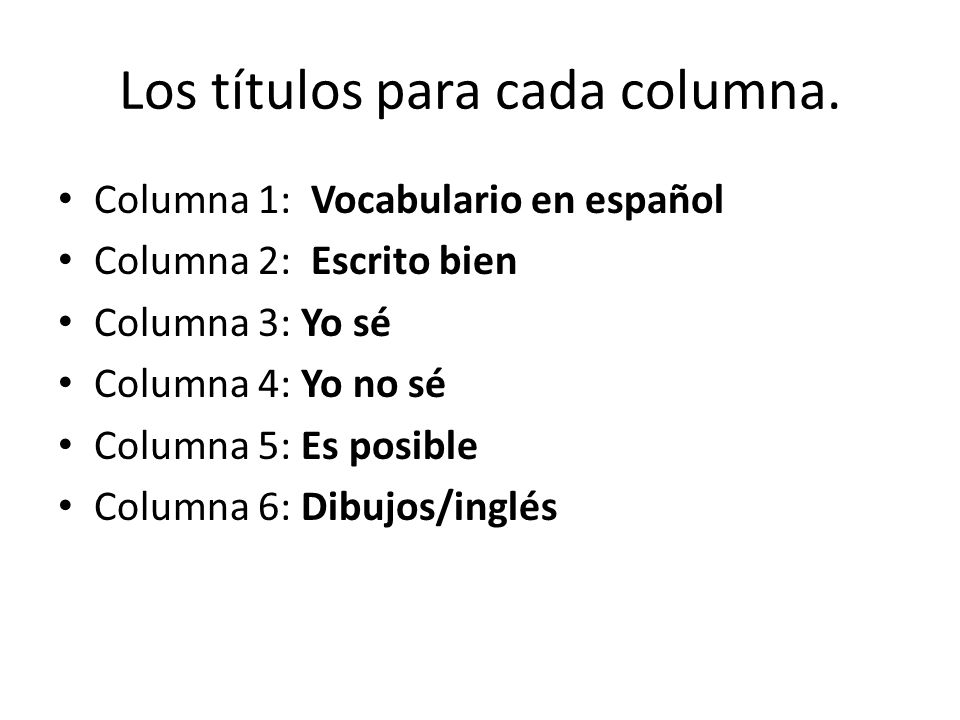 Los títulos para cada columna.