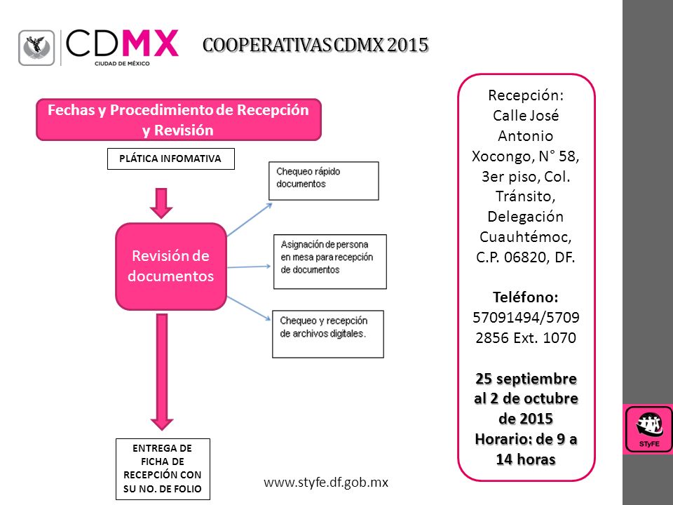 COOPERATIVAS CDMX 2015 Recepción: Calle José Antonio Xocongo, N° 58, 3er piso, Col. Tránsito, Delegación Cuauhtémoc, C.P , DF.