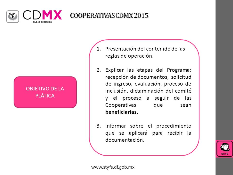 COOPERATIVAS CDMX 2015 Presentación del contenido de las reglas de operación.