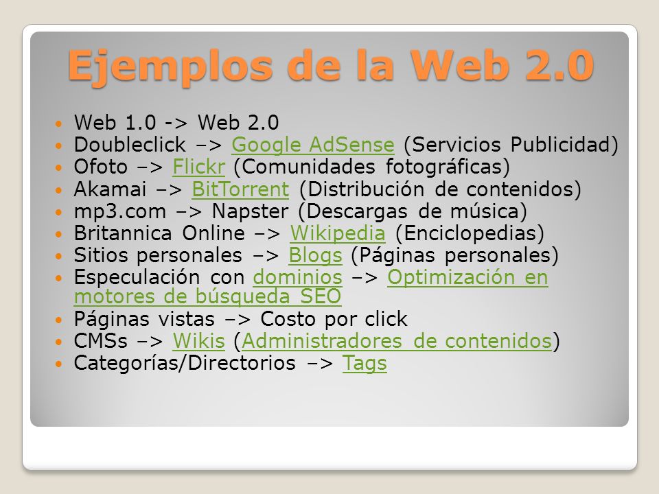 Ejemplos de la Web 2.0 Web 1.0 -> Web 2.0