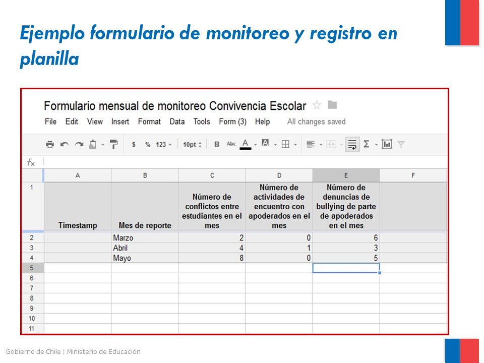 Ejemplo formulario de monitoreo y registro en planilla