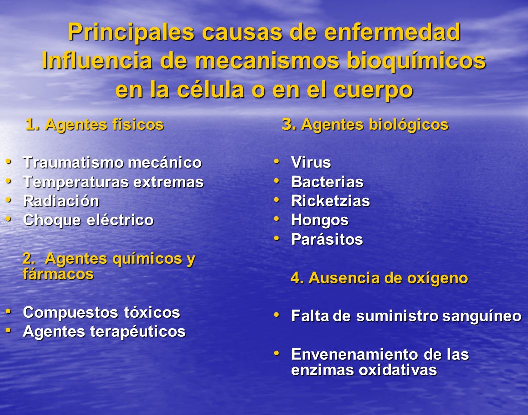 Principales causas de enfermedad Influencia de mecanismos bioquímicos en la célula o en el cuerpo