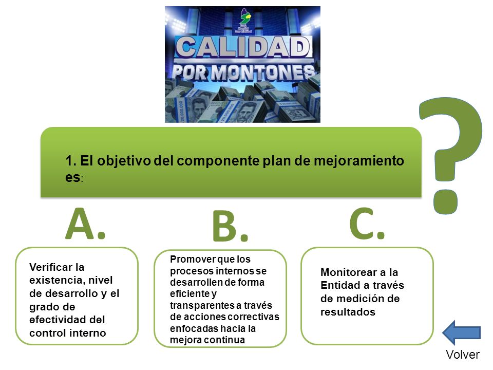 A. B. C. 1. El objetivo del componente plan de mejoramiento es: