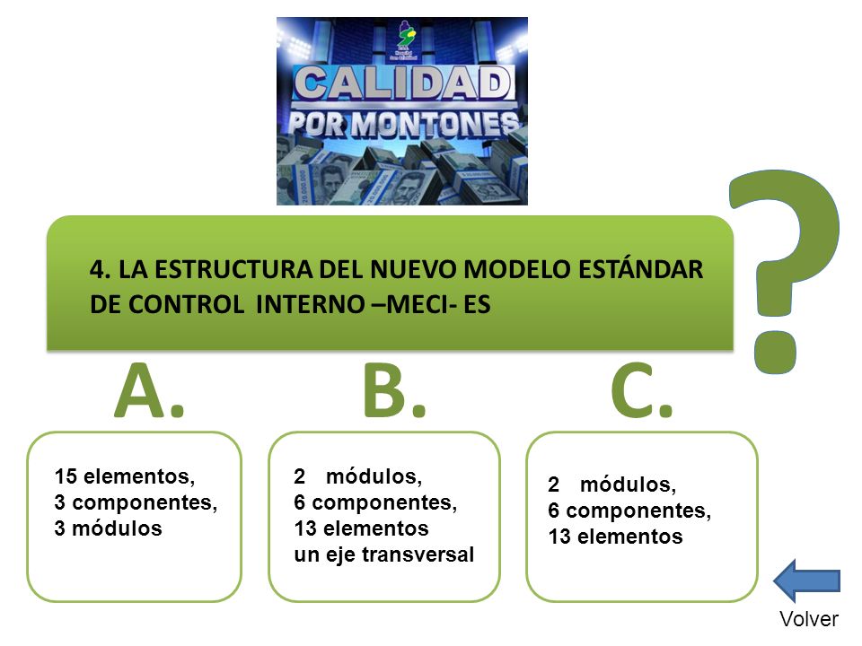 4. LA ESTRUCTURA DEL NUEVO MODELO ESTÁNDAR DE CONTROL INTERNO –MECI- ES. 15 elementos, 3 componentes, 3 módulos.