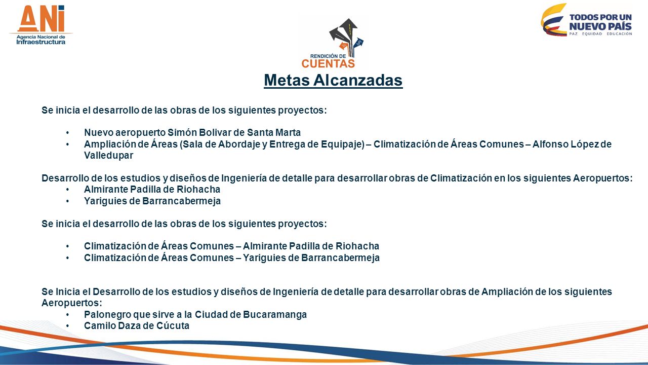 Metas Alcanzadas Se inicia el desarrollo de las obras de los siguientes proyectos: Nuevo aeropuerto Simón Bolivar de Santa Marta.