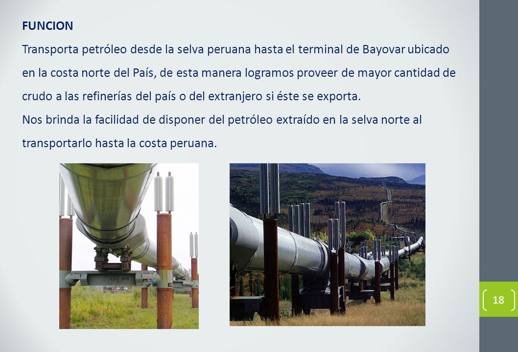 FUNCION Transporta petróleo desde la selva peruana hasta el terminal de Bayovar ubicado en la costa norte del País, de esta manera logramos proveer de mayor cantidad de crudo a las refinerías del país o del extranjero si éste se exporta.