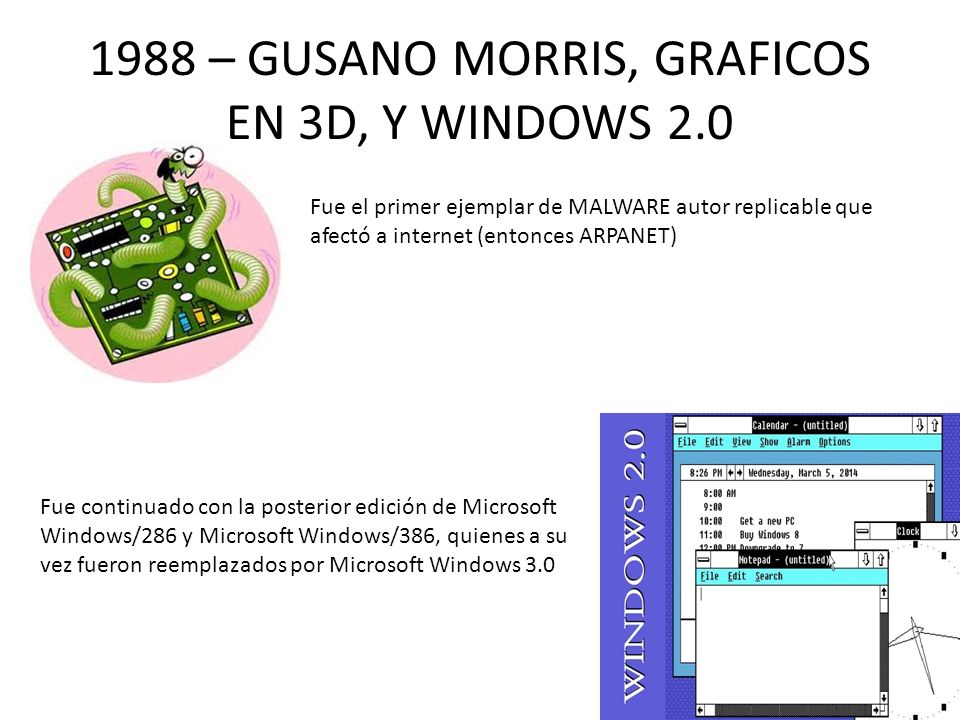 1988 – GUSANO MORRIS, GRAFICOS EN 3D, Y WINDOWS 2.0