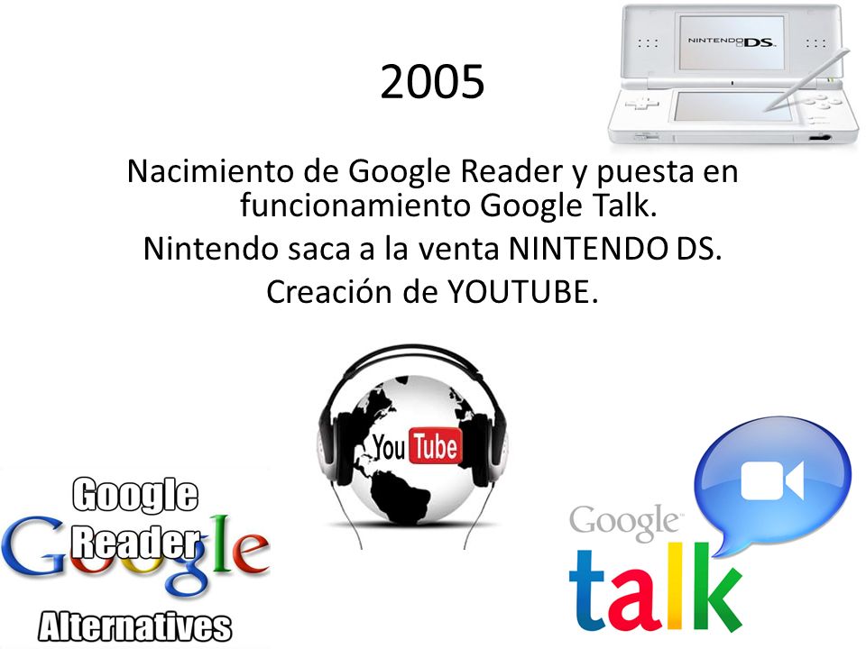 2005 Nacimiento de Google Reader y puesta en funcionamiento Google Talk.