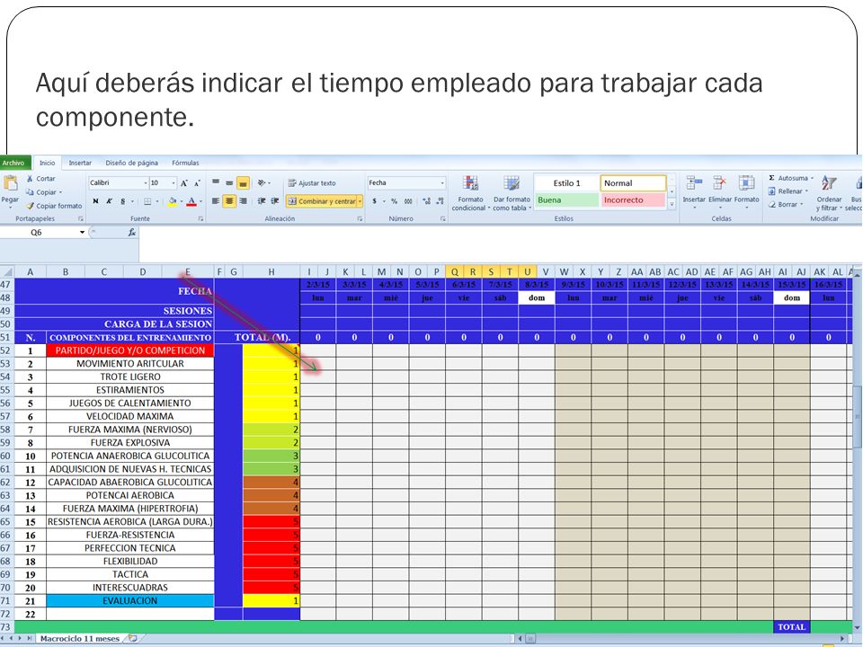 Aquí deberás indicar el tiempo empleado para trabajar cada componente.