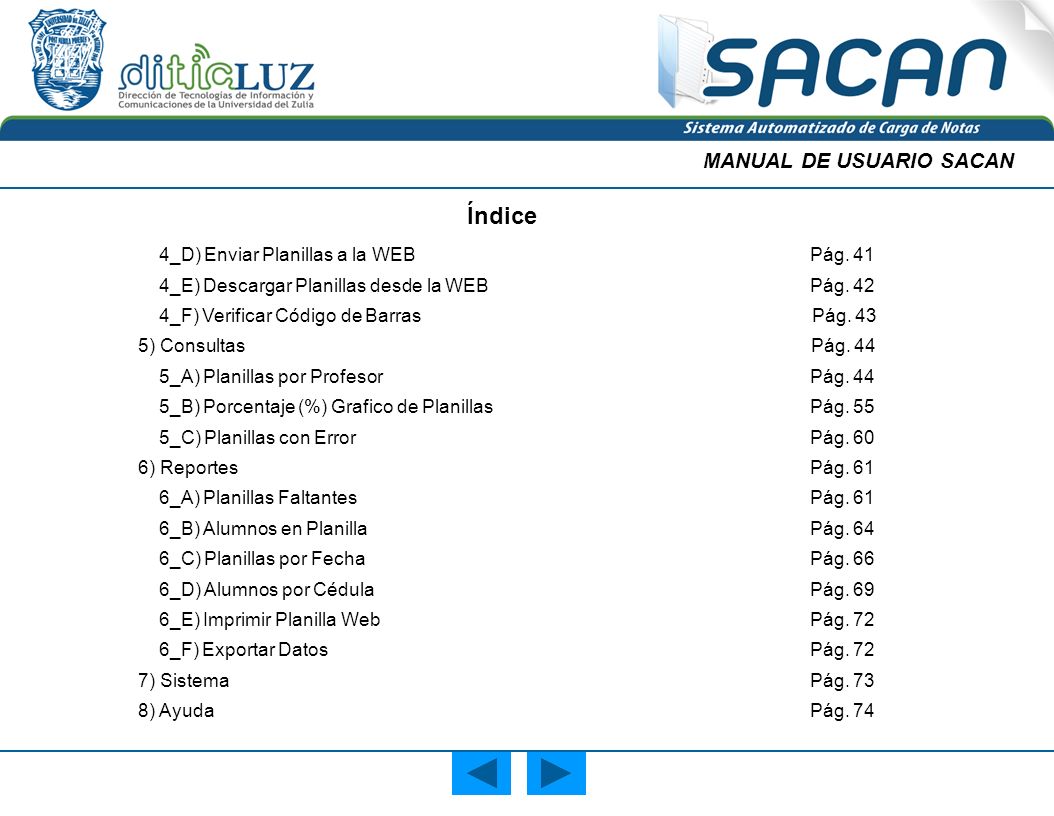Índice MANUAL DE USUARIO SACAN 4_D) Enviar Planillas a la WEB Pág. 41