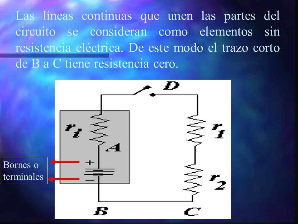 Las líneas continuas que unen las partes del circuito se consideran como elementos sin resistencia eléctrica. De este modo el trazo corto de B a C tiene resistencia cero.