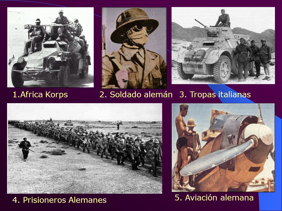 1.Africa Korps 2. Soldado alemán 3. Tropas italianas 5. Aviación alemana 4. Prisioneros Alemanes