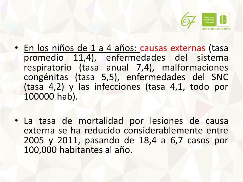 En los niños de 1 a 4 años: causas externas (tasa promedio 11,4), enfermedades del sistema respiratorio (tasa anual 7,4), malformaciones congénitas (tasa 5,5), enfermedades del SNC (tasa 4,2) y las infecciones (tasa 4,1, todo por hab).