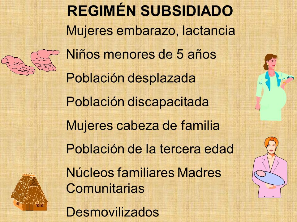 REGIMÉN SUBSIDIADO Mujeres embarazo, lactancia Niños menores de 5 años