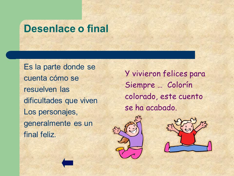 Desenlace o final Es la parte donde se cuenta cómo se