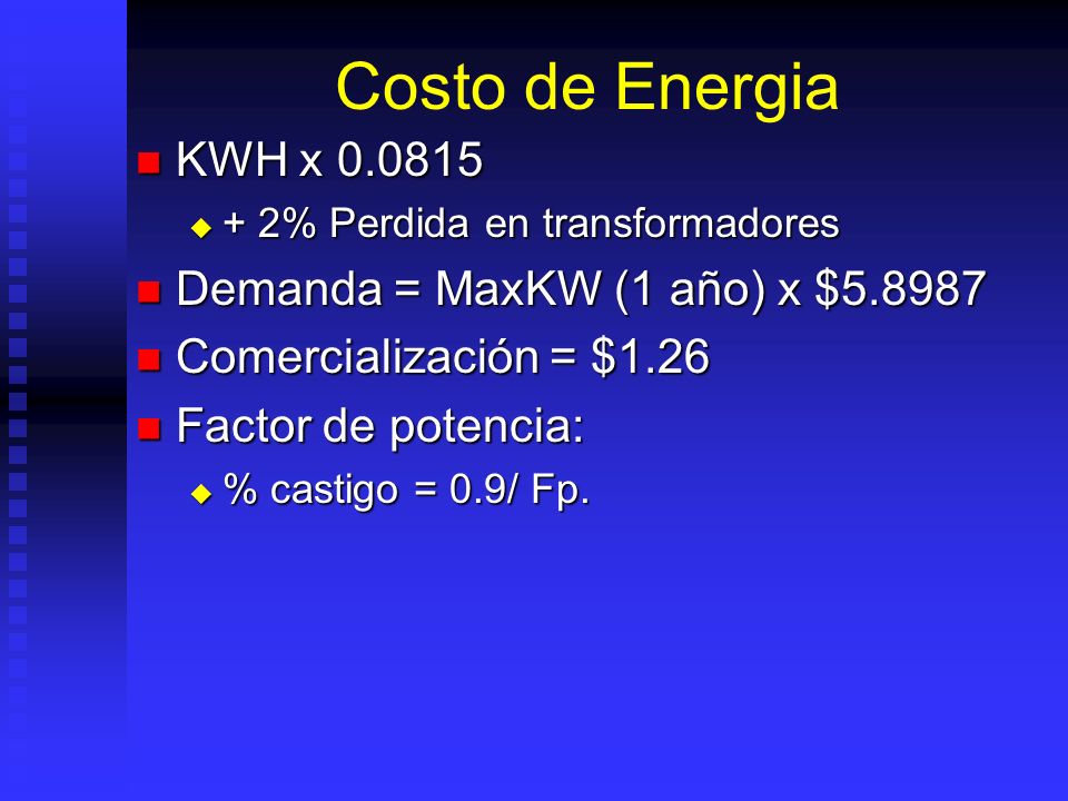 Costo de Energia KWH x Demanda = MaxKW (1 año) x $5.8987