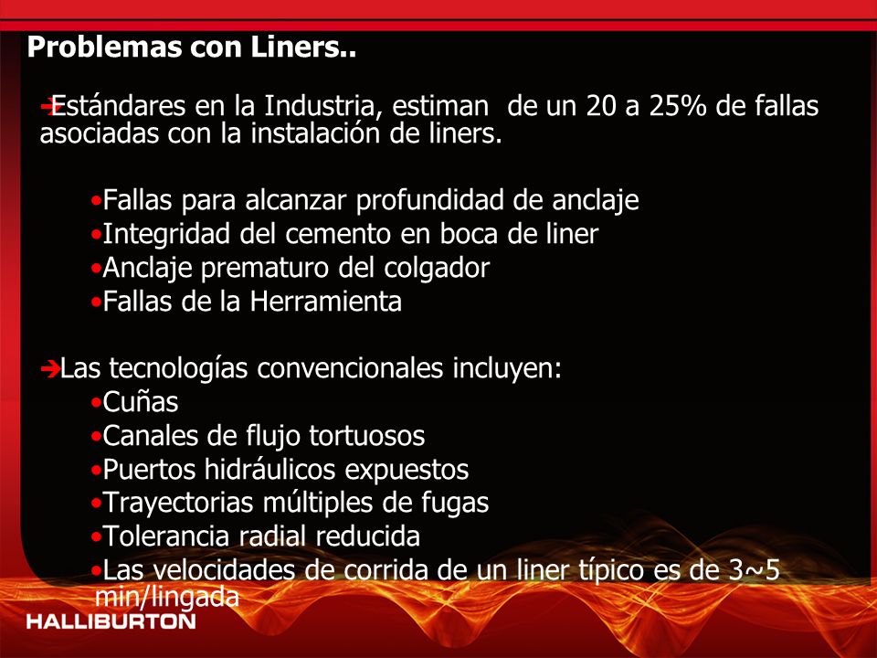 Problemas con Liners.. Estándares en la Industria, estiman de un 20 a 25% de fallas asociadas con la instalación de liners.