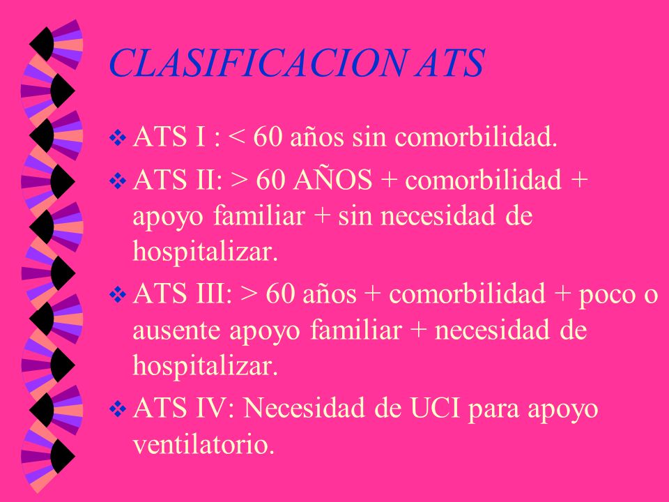 CLASIFICACION ATS ATS I : < 60 años sin comorbilidad.