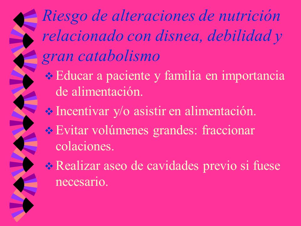 Riesgo de alteraciones de nutrición relacionado con disnea, debilidad y gran catabolismo