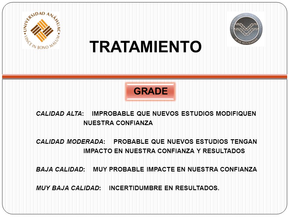 TRATAMIENTO GRADE. CALIDAD ALTA: IMPROBABLE QUE NUEVOS ESTUDIOS MODIFIQUEN. NUESTRA CONFIANZA.