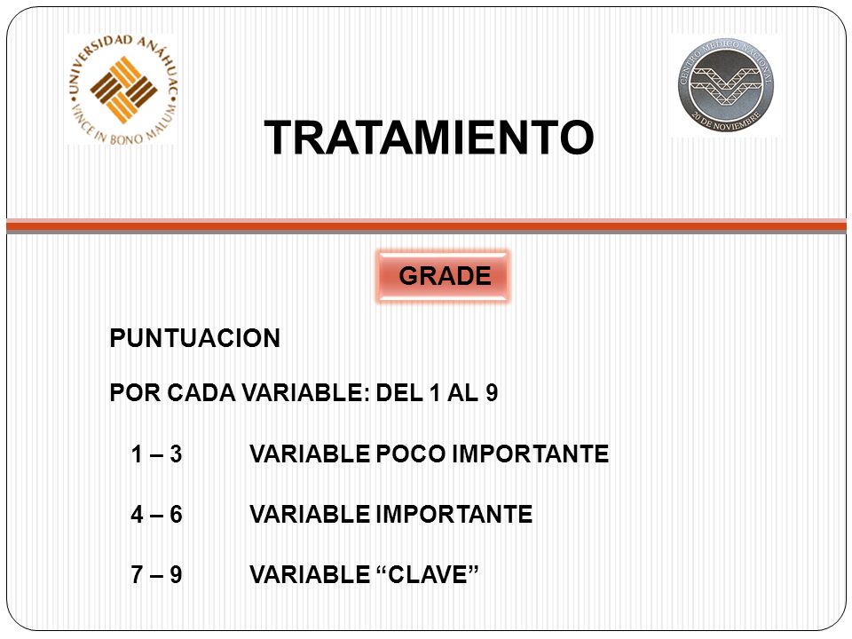 TRATAMIENTO GRADE PUNTUACION POR CADA VARIABLE: DEL 1 AL 9