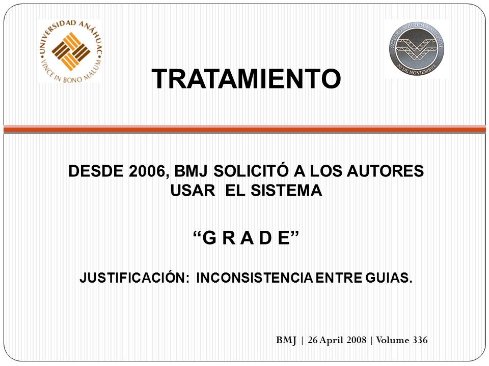 TRATAMIENTO DESDE 2006, BMJ SOLICITÓ A LOS AUTORES USAR EL SISTEMA. G R A D E JUSTIFICACIÓN: INCONSISTENCIA ENTRE GUIAS.