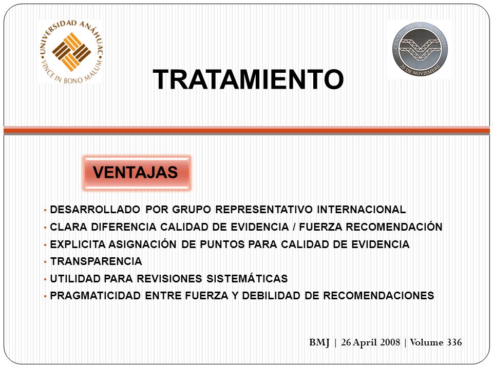 TRATAMIENTO VENTAJAS. DESARROLLADO POR GRUPO REPRESENTATIVO INTERNACIONAL. CLARA DIFERENCIA CALIDAD DE EVIDENCIA / FUERZA RECOMENDACIÓN.