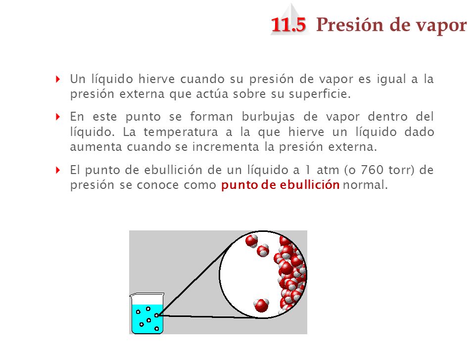 11.5 Presión de vapor Un líquido hierve cuando su presión de vapor es igual a la presión externa que actúa sobre su superficie.