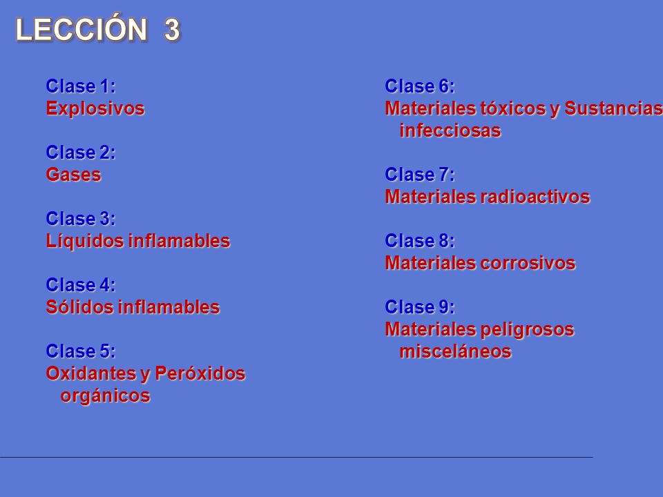 LECCIÓN 3 Clase 1: Explosivos Clase 2: Gases Clase 3: Líquidos inflamables Clase 4: Sólidos inflamables Clase 5: Oxidantes y Peróxidos orgánicos