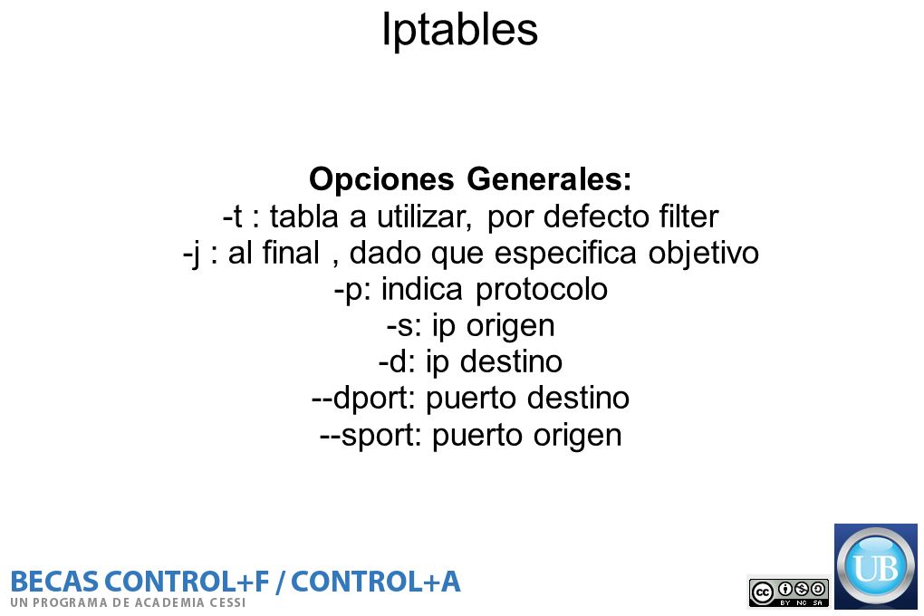 Iptables Opciones Generales: -t : tabla a utilizar, por defecto filter