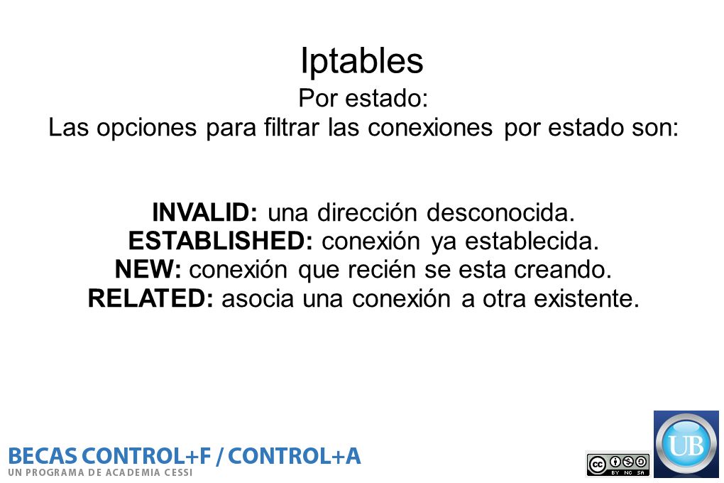 Iptables Por estado: Las opciones para filtrar las conexiones por estado son: INVALID: una dirección desconocida.