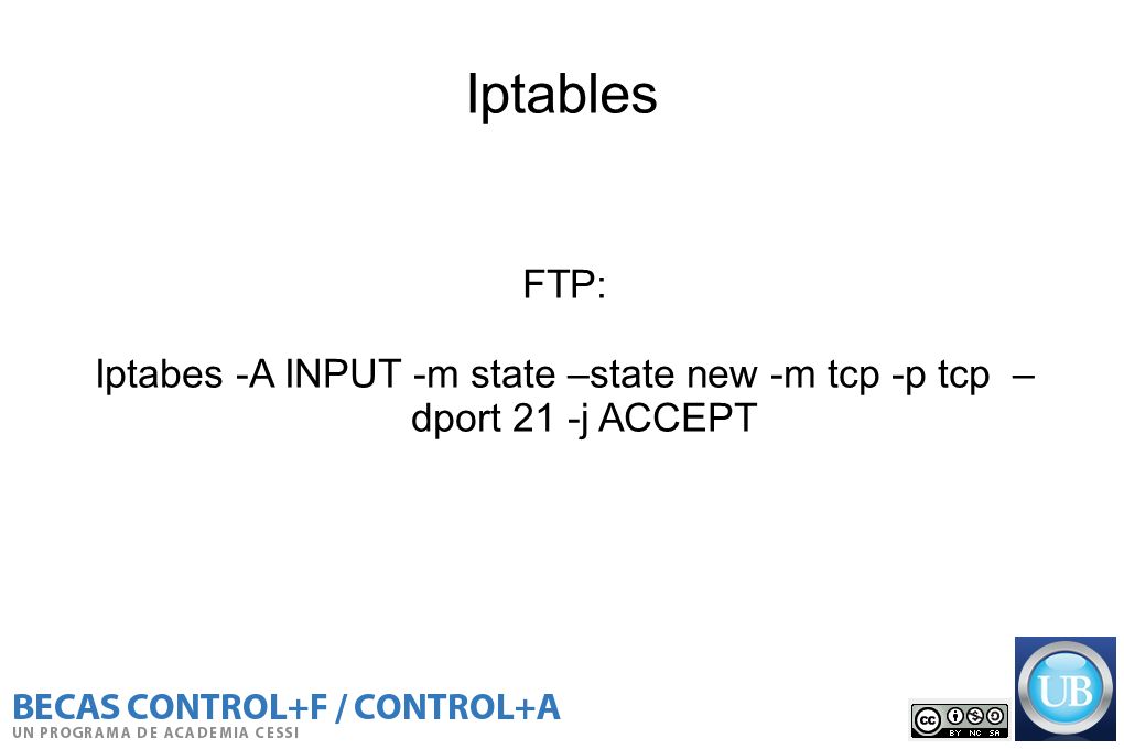 Iptabes -A INPUT -m state –state new -m tcp -p tcp –dport 21 -j ACCEPT