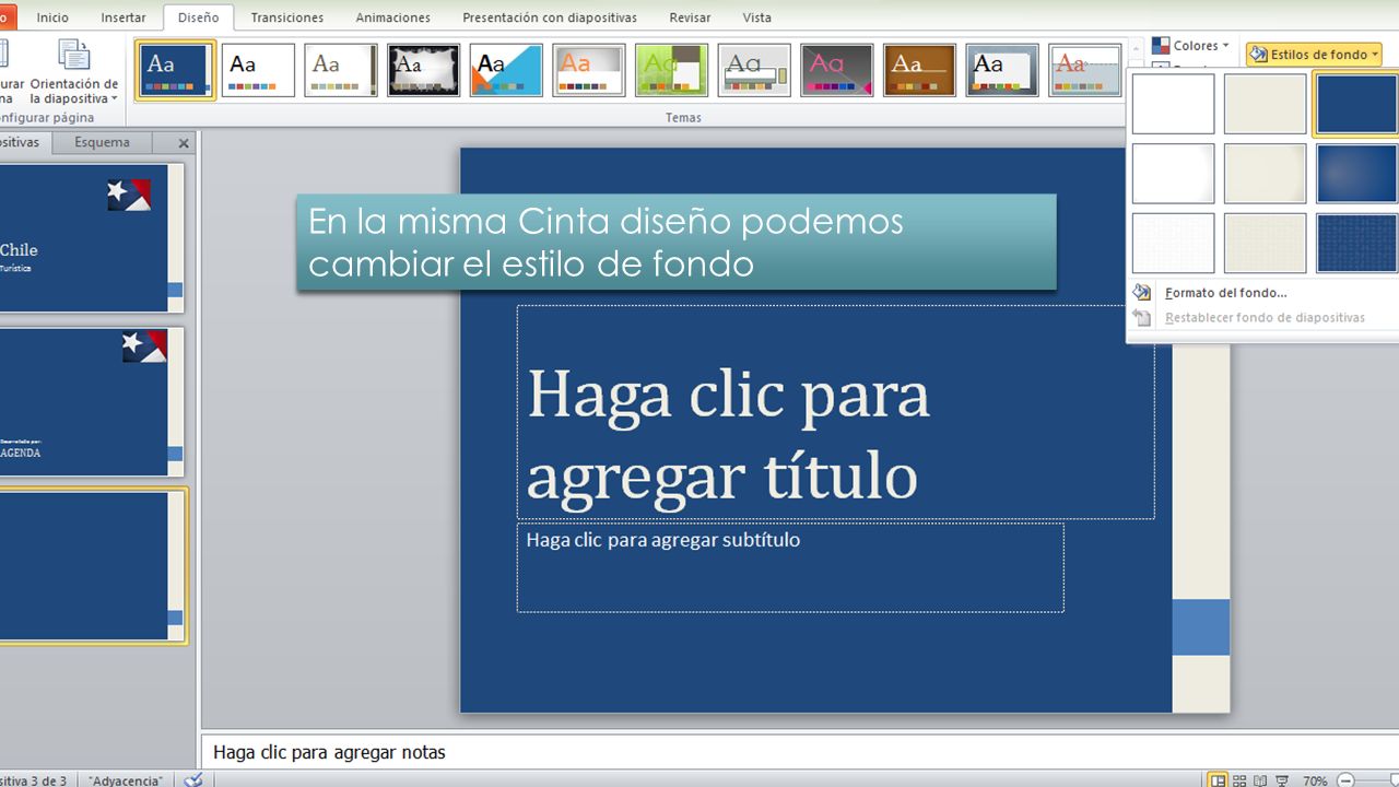 En la cinta de diseño también podemos encontrar el botón colores que nos permitirán poder cambiar los colores de texto, apariencias, etc
