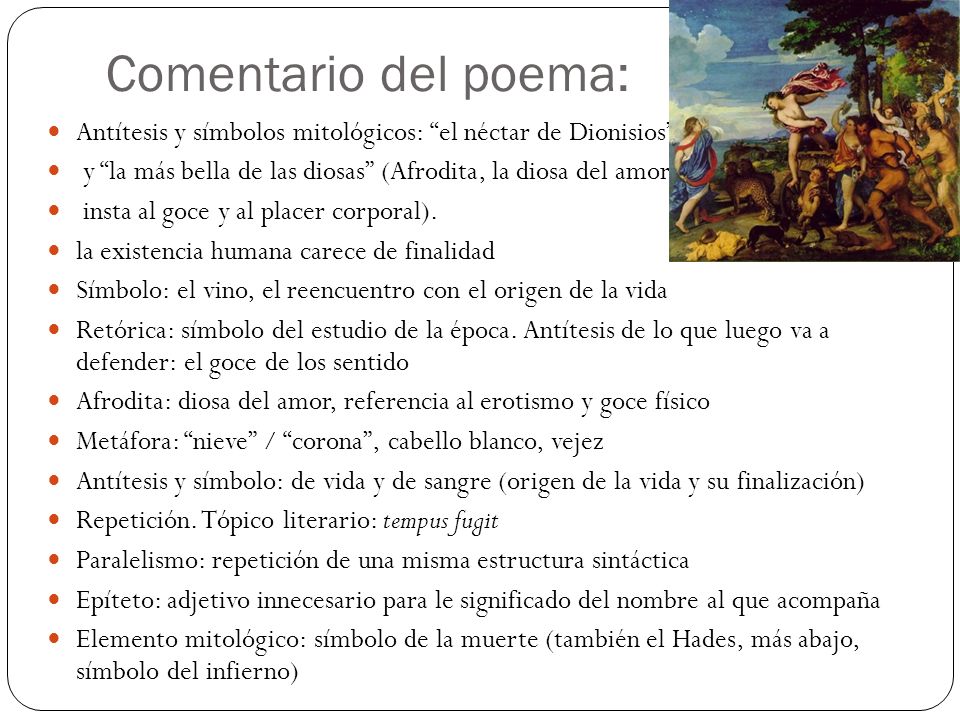 Comentario del poema: Antítesis y símbolos mitológicos: el néctar de Dionisios y la más bella de las diosas (Afrodita, la diosa del amor,