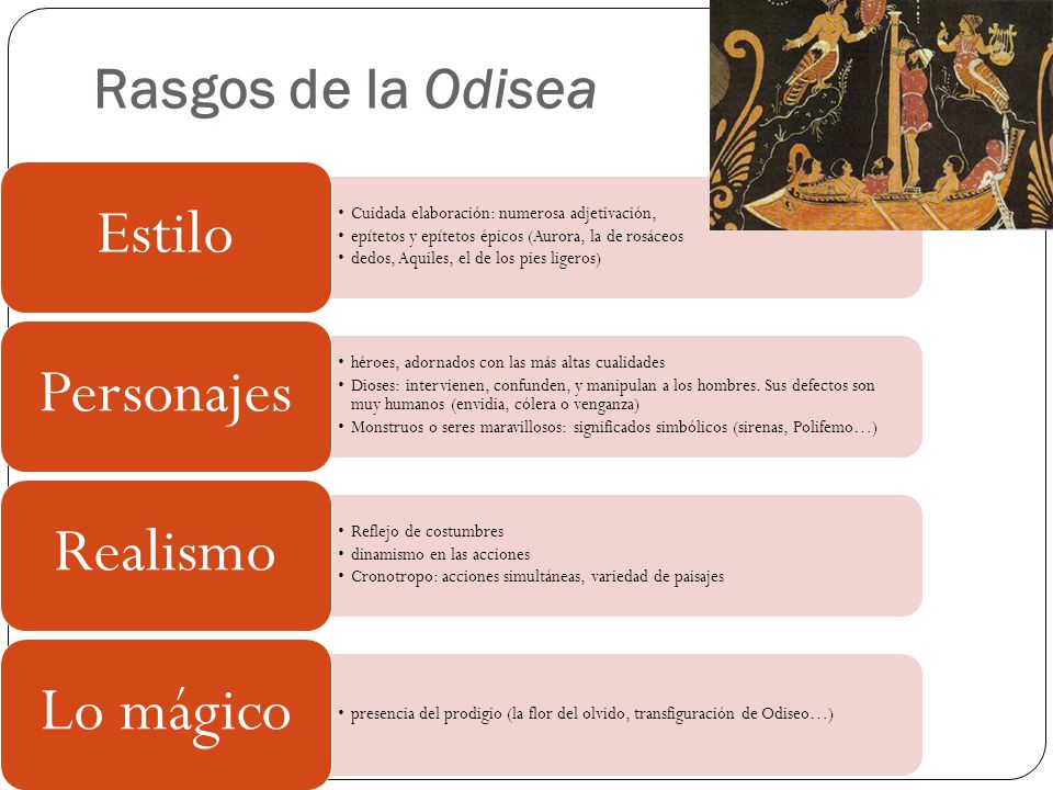 Rasgos de la Odisea Estilo Cuidada elaboración: numerosa adjetivación,