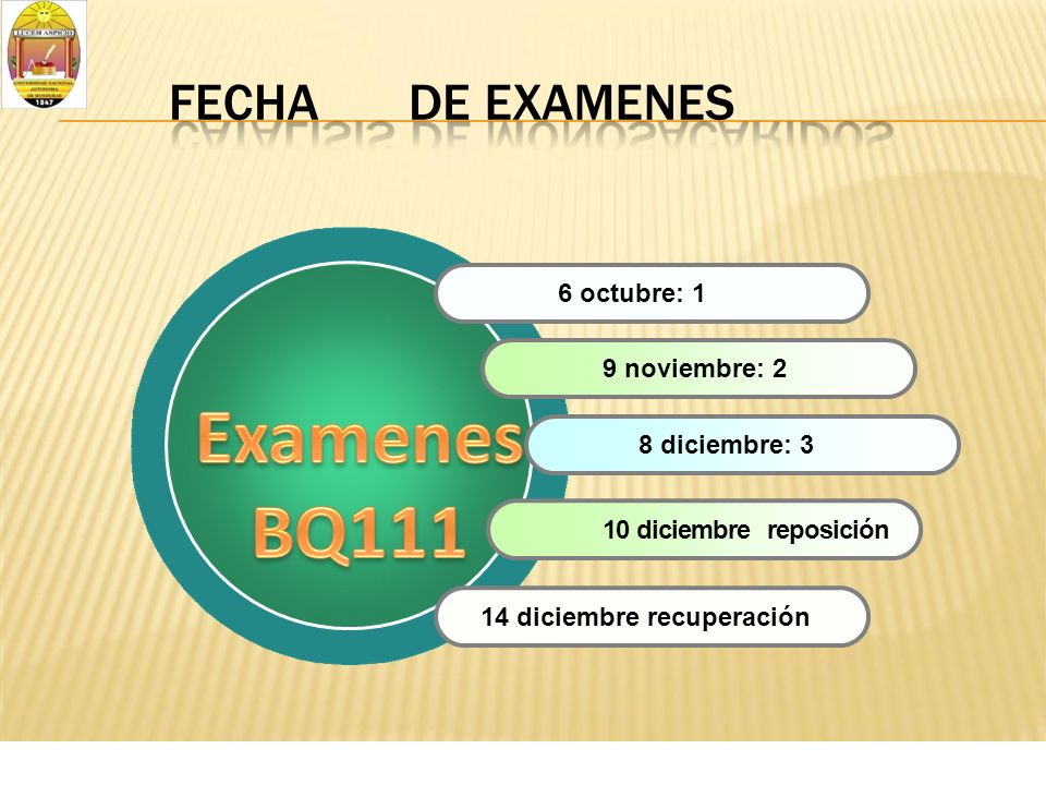 Examenes BQ111 FECHA DE EXAMENES 6 octubre: 1 9 noviembre: 2