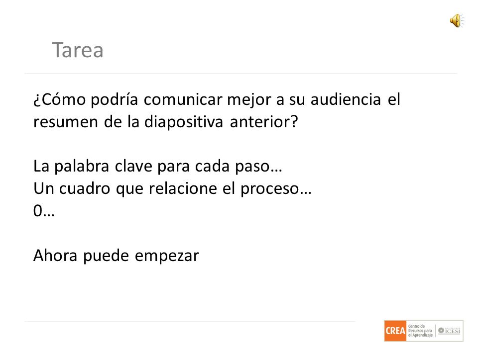 Tarea ¿Cómo podría comunicar mejor a su audiencia el resumen de la diapositiva anterior La palabra clave para cada paso…