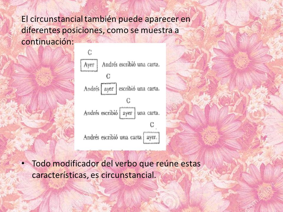 El circunstancial también puede aparecer en diferentes posiciones, como se muestra a continuación: