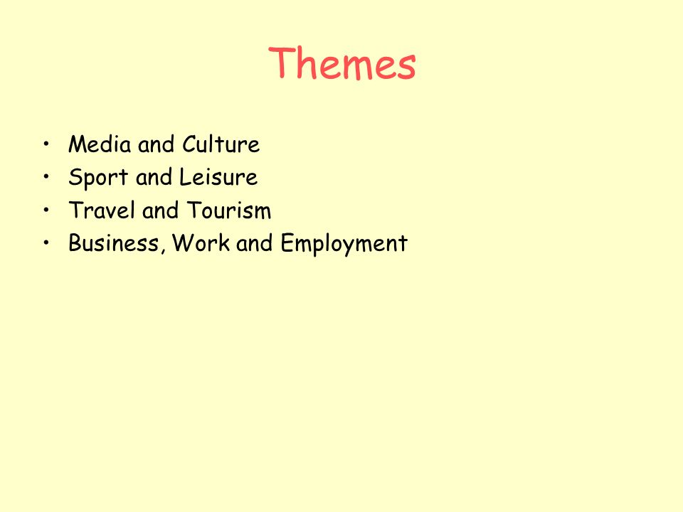 Themes Media and Culture Sport and Leisure Travel and Tourism