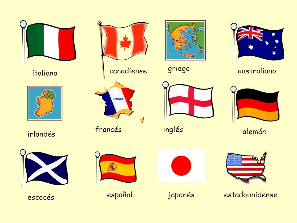 griego canadiense. australiano. italiano. francés. inglés. alemán. irlandés. español. japonés.