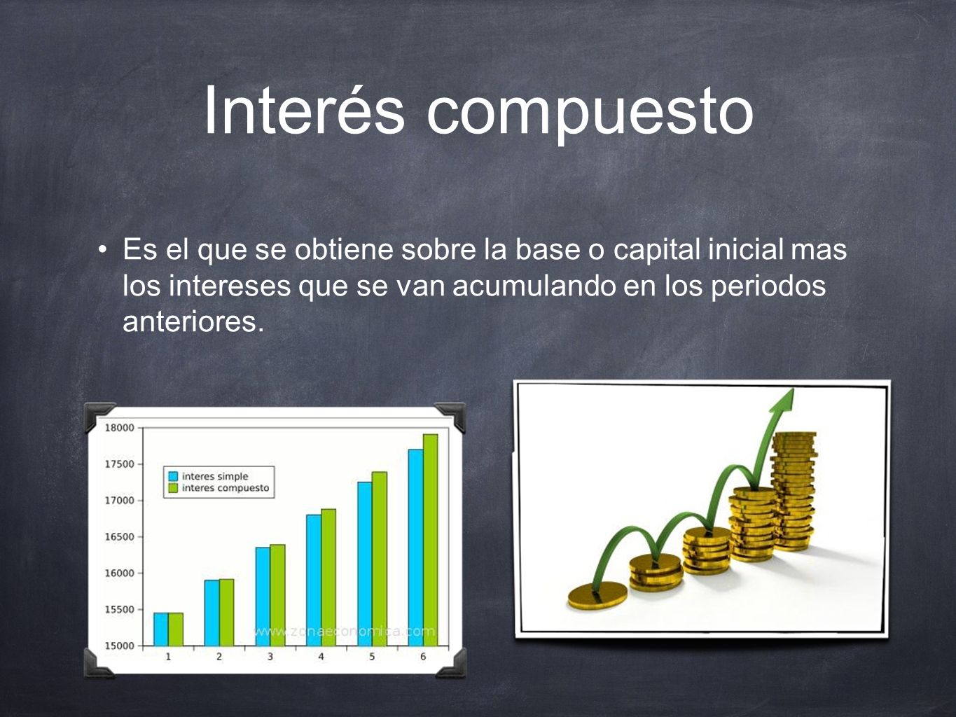 Interés compuesto Es el que se obtiene sobre la base o capital inicial mas los intereses que se van acumulando en los periodos anteriores.