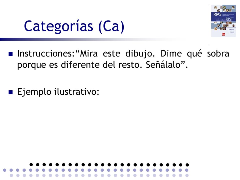 Categorías (Ca) Instrucciones: Mira este dibujo. Dime qué sobra porque es diferente del resto. Señálalo .