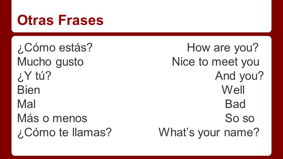 Otras Frases ¿Cómo estás How are you Mucho gusto Nice to meet you