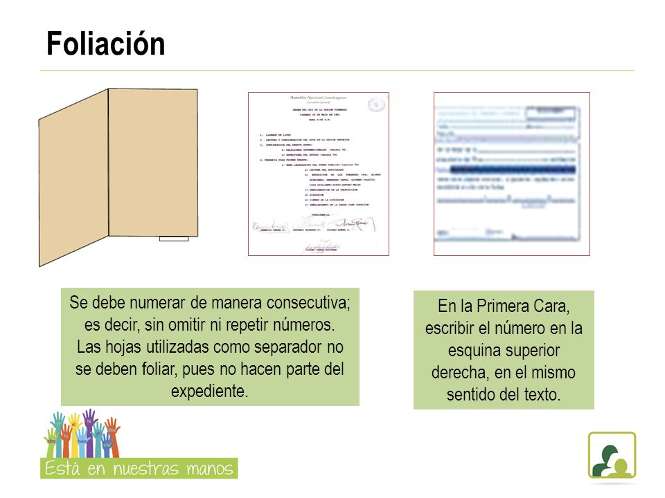 Foliación Se debe numerar de manera consecutiva; es decir, sin omitir ni repetir números.