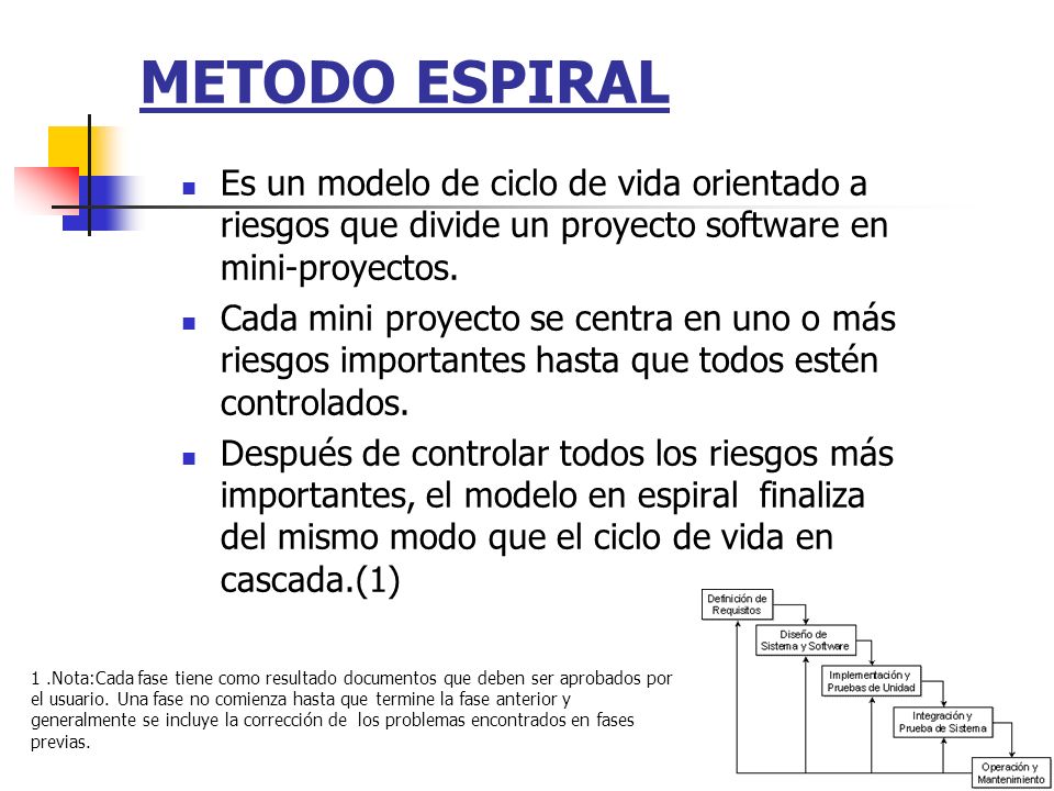 METODO ESPIRAL Es un modelo de ciclo de vida orientado a riesgos que divide un proyecto software en mini-proyectos.